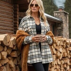 Vici Plaid Jacket in Black and White with Brown Accents